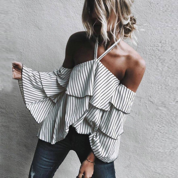 Striped Ruffle Off Shoulder Blouse