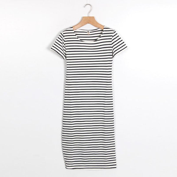 Short Sleeve Striped Maxi T-Shirt Dress