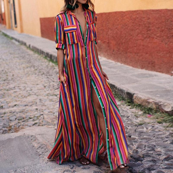 Striped Boho Maxi Shirt Dress