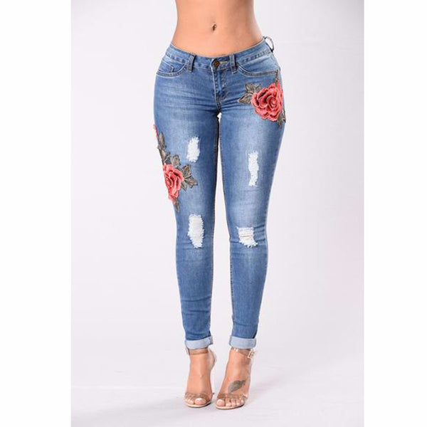 Embroidered Rose Skinny Leg Jeans