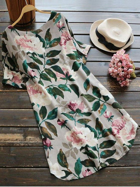 Short-Sleeve Floral A-Line Dress