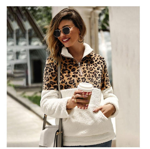Marley - Fleece Leopard Patch Turtleneck Sweater