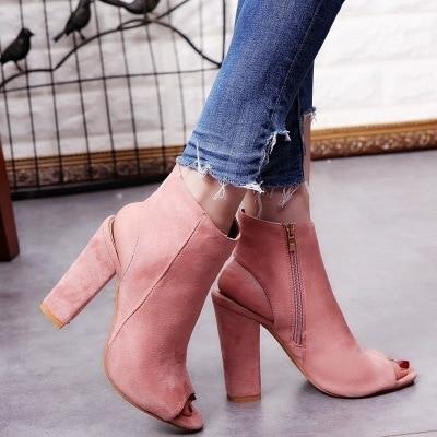 Cordelia - Faux Suede Peep Toe Ankle Boots
