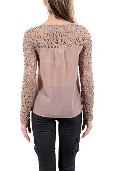 Lace Hollow Out Chiffon Long Sleeve Floral Blouse