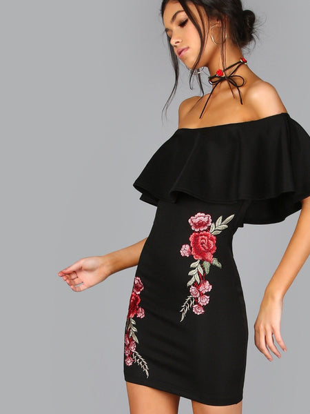 Vintage Off-Shoulder Rose Dress