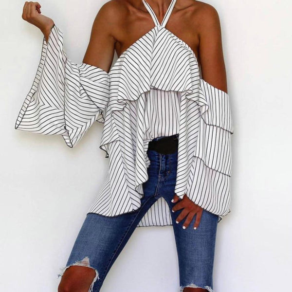 Striped Ruffle Off Shoulder Blouse