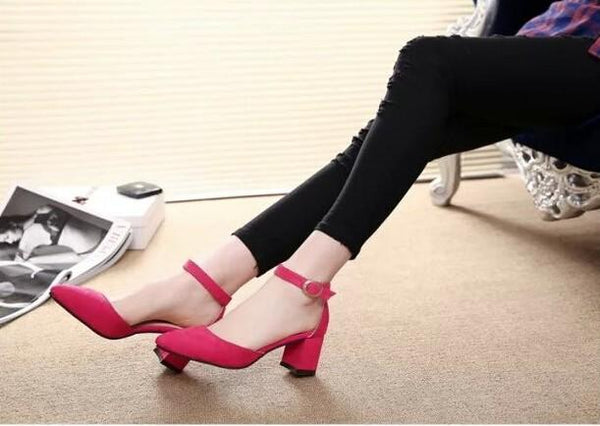 Pointed Toe Ankle Strap Square Heel Pumps
