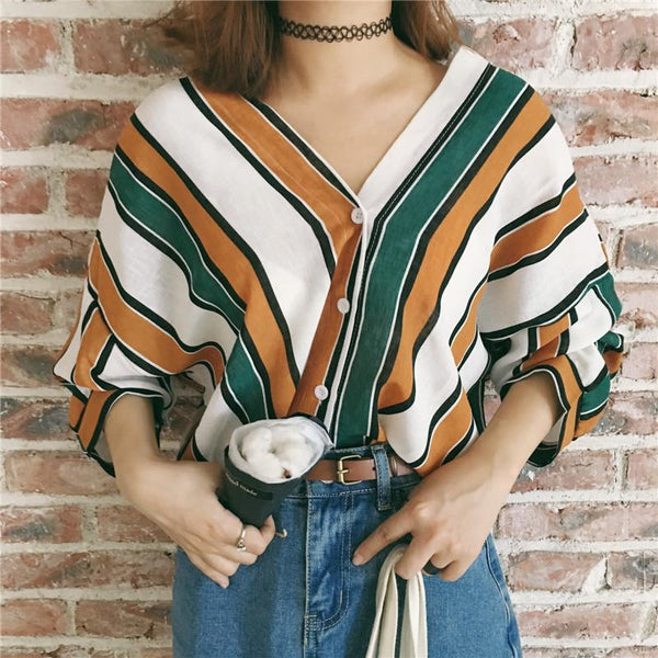 Loose Striped Button Up Blouse