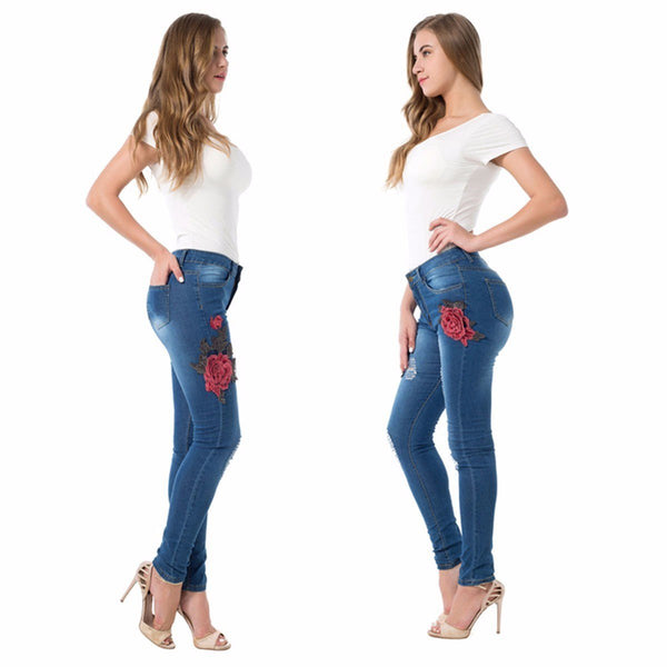 Embroidered Rose Skinny Leg Jeans
